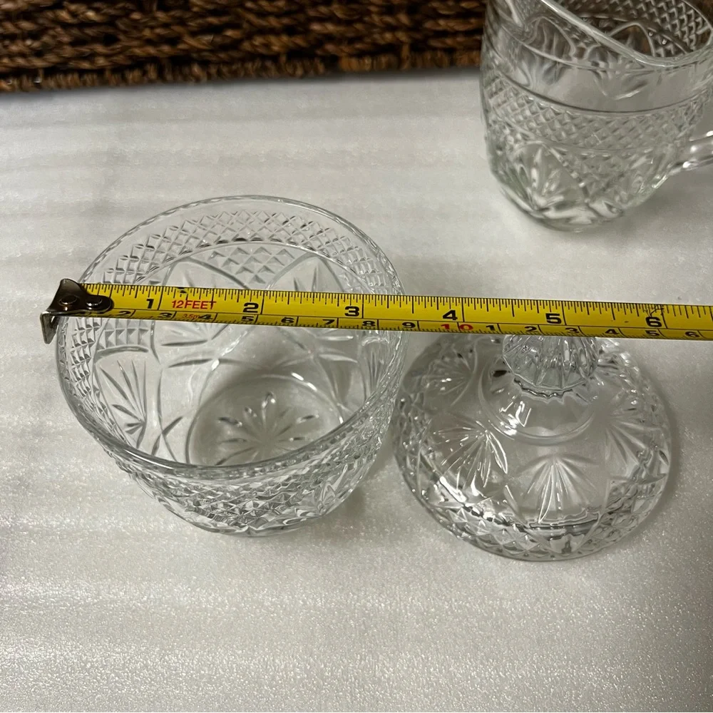 Vintage Anchor Hocking Pineapple Pattern Clear Glass Sugar Bowl & Creamer